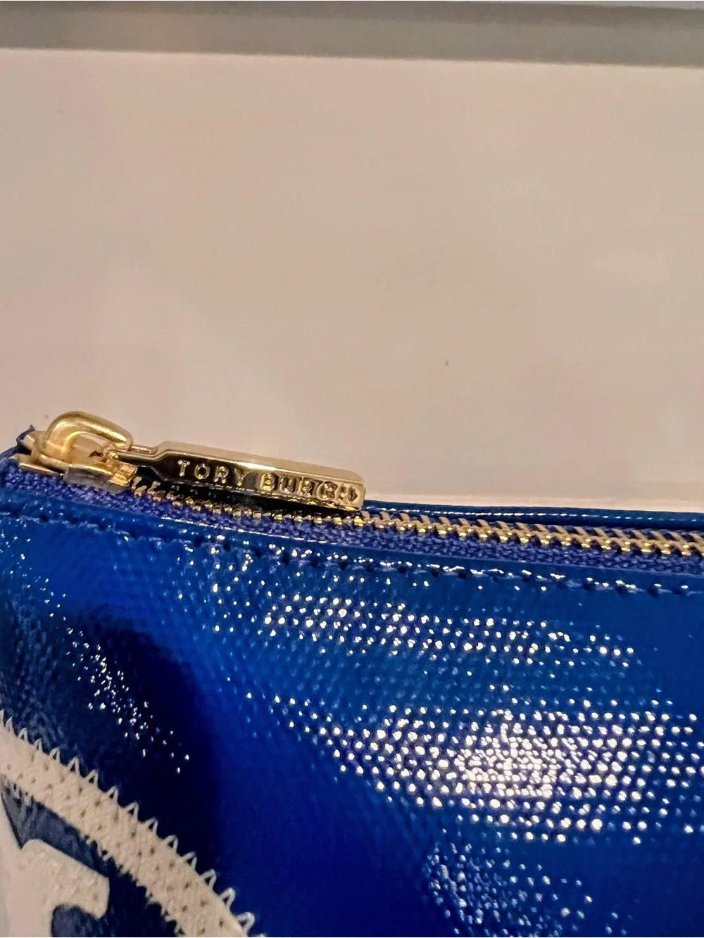 Tory Burch Royal Blue Patent Logo Zip Pouch